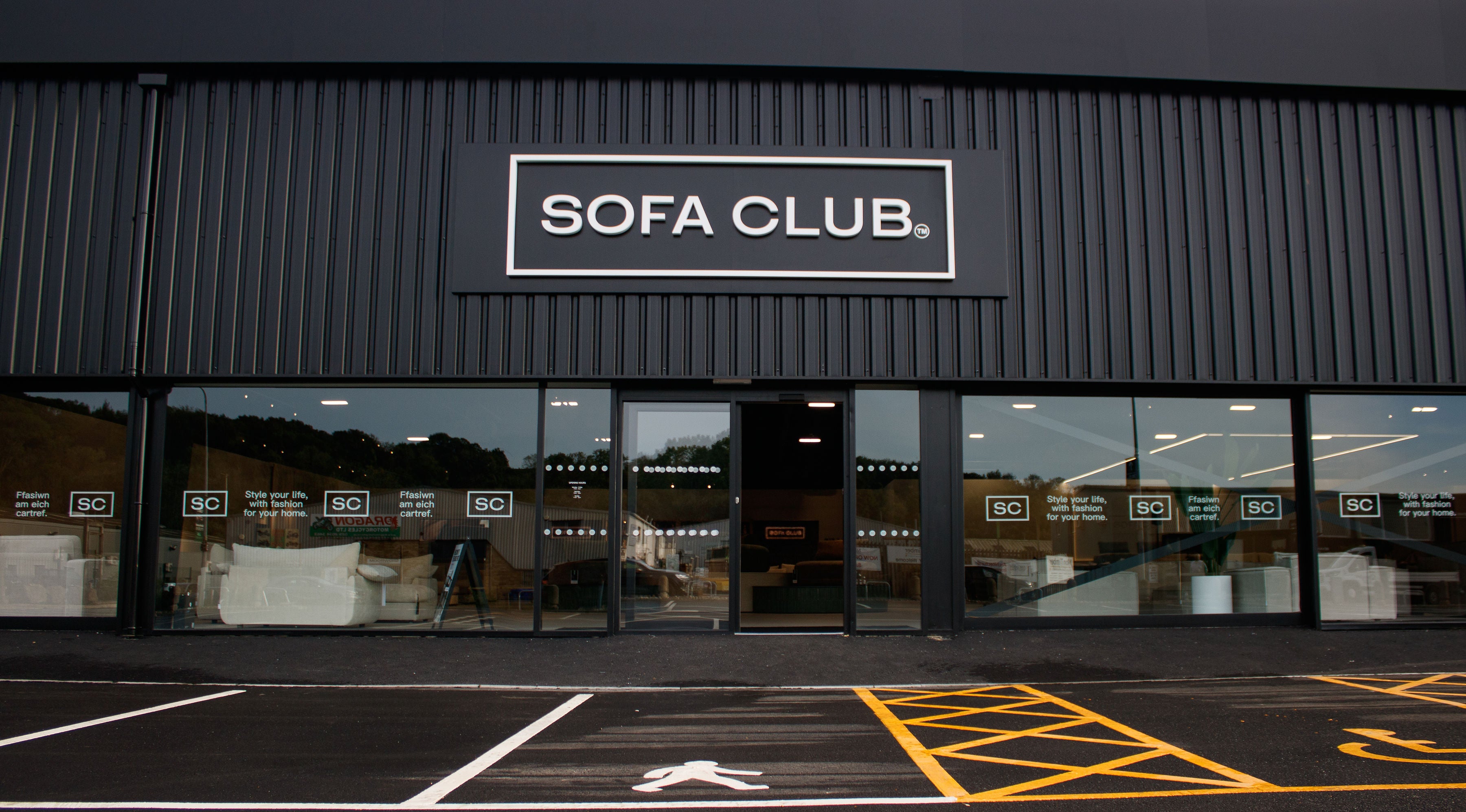 Exterior of the Sofa Club Cardiff showroom with the sign and entrance